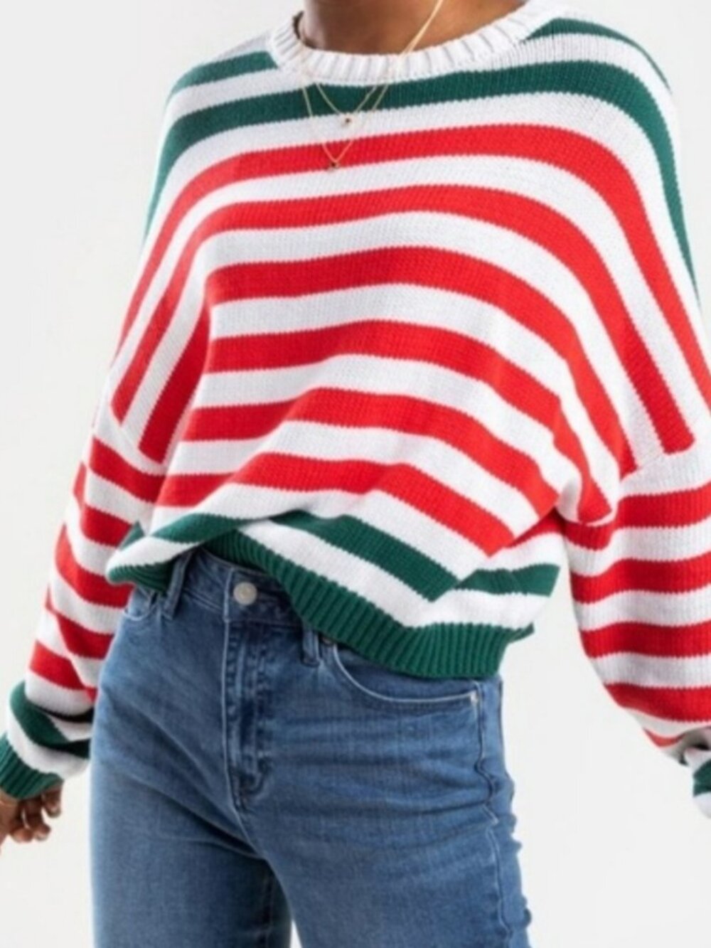 MiAmi Striped Crewneck Sweater in Red, White & Green. Large.